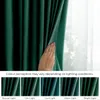 A hand is shown touching a dark green curtain, with a series of smaller images below demonstrating the curtain's color under different lighting conditions. Produktbild-Vorschau