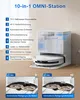 A robotic vacuum cleaner and its charging station are shown with a list of features and two inset images demonstrating cleaning functions. Produktbild-Vorschau