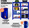 A blue metal shelving unit with various items stored on its shelves, accompanied by marketing text and diagrams. Produktbild-Vorschau