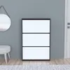 A shoe cabinet with three drawers is shown in a room with a mirror and a stool. Náhled obrázku produktu