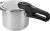 A stainless steel pressure cooker with a black handle is shown against a white background. Podgląd zdjęcia produktu