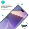 A close-up of a smartphone screen protector, highlighting its case-friendly design with arrows pointing to the edges. Produktbild-Vorschau