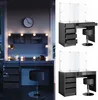 A collage of two images showing a modern vanity table with LED lighting and a stool, presented in different settings. Produktbild-Vorschau