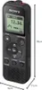A black Sony digital voice recorder is shown against a white background with dimensions indicated. Náhľad obrázku produktu