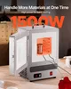A VEVOR tabletop melting furnace is shown with its door open, revealing a heated interior and a small crucible. The furnace is on a wooden surface, with some white cups in the foreground. Text overlays highlight its power and features. Podgląd zdjęcia produktu
