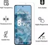 A screen protector for a Google Pixel 8 Pro is shown with feature callouts. Produktbild-Vorschau