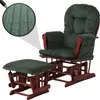 A green corduroy glider chair and ottoman set with a wooden frame, shown on a white background with a close-up inset of the fabric texture. Podgląd zdjęcia produktu