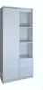A white wardrobe with a sliding door and open shelves and drawers.