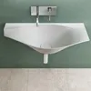 A modern white wall-mounted sink with a chrome faucet against a green wall and tiled floor. Produktbild-Vorschau
