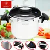 A Royalty Line pressure cooker is displayed in a kitchen setting with vegetables in the background. Several close-up shots of the product's features are shown at the bottom. Náhled obrázku produktu