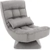 A gray floor chair with a small pillow is shown against a white background.