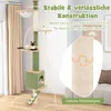 A multi-level cat tree with various platforms, a cubby, and a hanging bowl, set in a room with curtains and a sofa visible in the background. Text overlays highlight product features. Anteprima dell’immagine prodotto