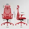 Two views of a red ergonomic office chair with dimensions labeled. Produktbild-Vorschau