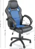 A black and blue racing style office chair with dimensions indicated by measurement lines and text. Voir les images du produit