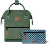 A green corduroy backpack and a patterned pouch are displayed against a white background. Produktbild-Vorschau