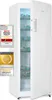 A white refrigerator with its door open, showcasing several bottles of beverages inside, with promotional badges to the left. Produktbild-Vorschau