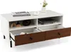 A white and coffee-colored coffee table with two drawers and open shelves, displayed against a white background. Produktbild-Vorschau