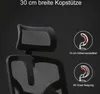 Close-up of a black mesh office chair headrest and backrest, with diagrams illustrating adjustable features. Náhľad obrázku produktu