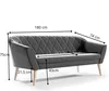 A gray sofa with diamond stitching and wooden legs, shown with dimensions indicated by measurement lines and text. Náhľad obrázku produktu