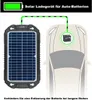A solar charger is connected to a car battery, illustrating its function. Produktbild-Vorschau