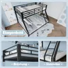 A collage of images showing a black metal bunk bed with dimensions labeled, and close-ups of its railing and ladder. Produktbild-Vorschau