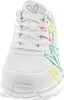 A close-up, front-facing view of a white Skechers sneaker with colorful heart and abstract line art designs. Produktbild-Vorschau