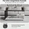 A modern living room scene with a black and white coffee table, sofas, and pillows. There is also a promotional text overlay and a separate section highlighting the product's features. Produktbild-Vorschau