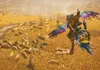 A person riding a creature with wings in a dry, grassy landscape. Náhled obrázku produktu