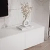 A white TV lowboard with a vase of dried flowers and a book on top. Voir les images du produit