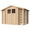 A wooden garden shed with a wood storage area on the side, shown against a white background. Náhled obrázku produktu