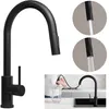 A collage of images showing a black kitchen faucet, close-ups of its spray functions, and a person using it to fill a pitcher. Produktbild-Vorschau