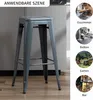 A grey metal bar stool is shown in the foreground, with smaller circular images on the right depicting various settings where the stool could be used, such as a dining room, balcony, garden, and bar. Náhľad obrázku produktu