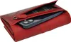 A red leather wallet with a phone partially inserted into a zippered compartment. Produktbild-Vorschau