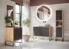 A modern bathroom with a vanity, a tall cabinet, and a mirror with LED lighting. Podgląd zdjęcia produktu