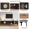 A collage of images showcasing details of a TV stand, including its handles, cable management, hinges, and legs, alongside a full view of the TV stand in a living room setting. Anteprima dell’immagine prodotto