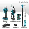 A collection of cordless gardening tools and accessories, including a pruning shear, a mini chainsaw, batteries, charger, and extension poles, laid out on a white background with descriptive text labels. Produktbild-Vorschau