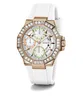 A white Guess watch with rose gold accents and clear stones. Náhľad obrázku produktu