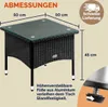 A diagram showing the dimensions of a black polyrattan garden table with a glass top. Produktbild-Vorschau