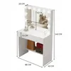 A white makeup vanity with a lighted mirror and dimensions indicated by measurement lines. Podgląd zdjęcia produktu
