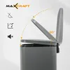 A close-up side view of a gray trash can with its lid open, showing a 90-degree angle. Icons indicating features are on the left. Anteprima dell’immagine prodotto
