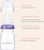An exploded view diagram of a baby bottle with labels pointing out its features. Voir les images du produit