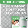 A promotional image showcasing a quilted blanket, a book, and a packaged item, with text overlays highlighting benefits and features. Produktbild-Vorschau
