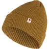 A single brown knitted beanie hat is shown against a white background.