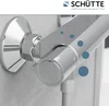 Close-up of a modern chrome shower faucet with blue water droplet graphics. Produktbild-Vorschau