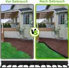A split image showing a garden bed before and after using a flexible lawn edging product. The bottom of the image shows the product itself. Voir les images du produit