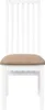 A white wooden dining chair with a tan seat cushion is shown from the front against a white background. Náhled obrázku produktu