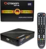 A collage of a digital satellite receiver, its packaging box, and a remote control. Produktbild-Vorschau