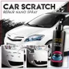 A marketing image for a car scratch repair nano spray, showing a white car and before/after images of a bumper repair. Náhled obrázku produktu