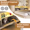 A bed with integrated shelving and storage, showcasing its features. Produktbild-Vorschau