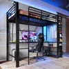 A loft bed with a desk and storage, set up in a modern room with blue LED lighting. Voir les images du produit